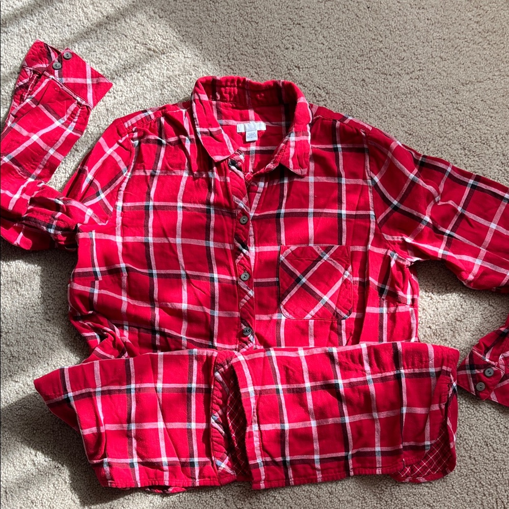 J.Jill Red Plaid Button-Up Tunic with pockets